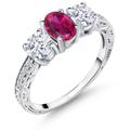 Gem Stone King 925 Sterling Silver Red Created Ruby 3-Stone Engagement Ring For Women (2.52 Cttw, Oval 7X5MM, Round 5MM, Available In Size 5, 6, 7, 8, 9), Metal gemstone, Created Ruby and Zirconia