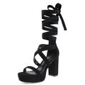 Shoe'N Tale Lace Up Heels for Women Platform heels Strappy Gladiator Chunky Block High Heeled Sandals Open Toe Dress Shoes, B-black, 7 UK