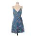 Sadie & Sage Casual Dress - A-Line V-Neck Sleeveless: Blue Floral Dresses - Women's Size Small