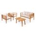 Everly 4-Piece Mid-Century Modern Acacia Wood Outdoor Patio Set with Cushions and Plaid Decorative Pillows, by JONATHAN Y