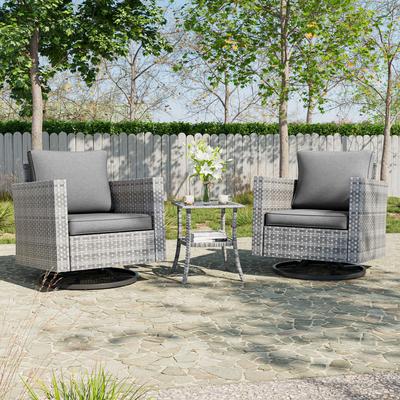 BONOSUKI 3Pcs Patio Swivel Rocking Sofa Set Brown Grey w/Glass Table