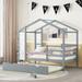 Twin Size House Bed with Fence & Trundle , Multifunction Wood Daybed Frame w/ Writing Board for Kids Teens Girls Boys Bedroom