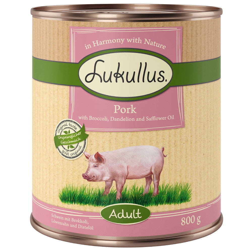 Lukullus 12 x 800 g Alimento umido per cani - Adult Maiale & Broccoli (Senza cereali)
