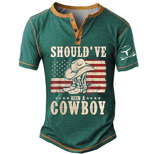 Herren Grafik Amerikanische US-Flagge Schuh T Shirt Henley Hemd Kurzarm 3D-Druck Retro Vintage Lässig Sport im Freien Ferien Ausgehen Frühling Sommer Schwarz Marineblau Blau Armeegrün Henley Henley Image