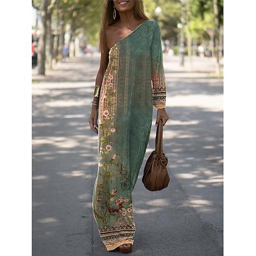 Damen kleid lang Casual kleid Kleid drucken Blumen Geometrisch Modisch Strassenmode Outdoor Festtage Ausgehen Bedruckt Langarm Ein-Schulter Kleid Schlank Armeegrün Blau Orange Sommer Frühling S M L XL