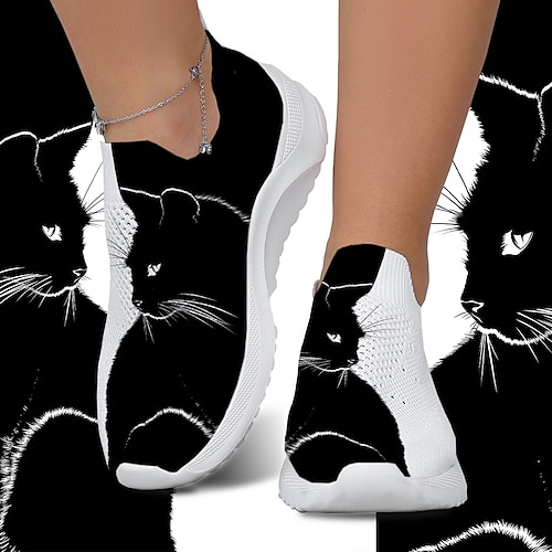 Schwarze Slip-On-Sneaker mit Katzen-Print für Damen – atmungsaktive Strick-Wanderschuhe für die Freizeit, zum Reisen und für Katzenliebhaber Image
