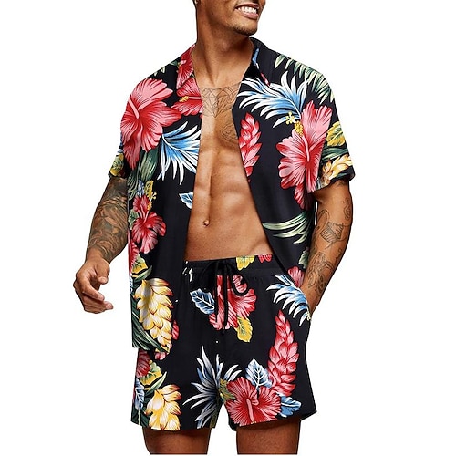 Herren Blumen Grafik Tropische Blumen 2St Hemden-Sets Sommer Hawaiihemd Kurzarm Kurze Hosen Umlegekragen Designer Strand Urlaub Lässig Täglich 3D Sommer Silber Rot / Weiß Grün / Schwarz Image