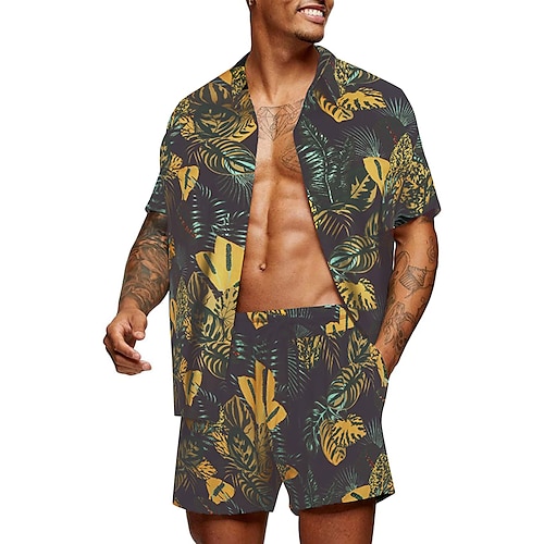 Herren Blumen Grafik Tropische Blumen 2St Hemden-Sets Sommer Hawaiihemd Kurzarm Kurze Hosen Umlegekragen Designer Strand Urlaub Lässig Täglich 3D Sommer Silber Rot / Weiß Grün / Schwarz Image