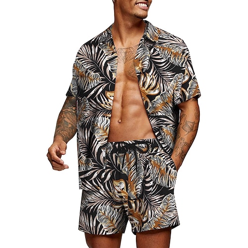 Herren Blumen Grafik Tropische Blumen 2St Hemden-Sets Sommer Hawaiihemd Kurzarm Kurze Hosen Umlegekragen Designer Strand Urlaub Lässig Täglich 3D Sommer Silber Rot / Weiß Grün / Schwarz Image