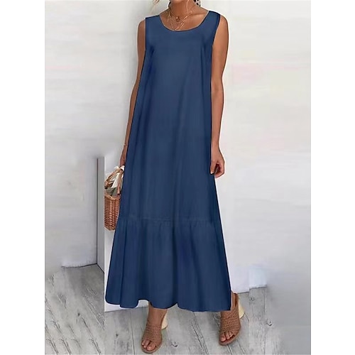 Damen Maxikleid Kunstbaumwollleinen Shiftkleid Sommerkleid Trägerkleid solide Basic Lässig Urlaub Normale Passform Ärmellos Rundhalsausschnitt Schwarz Weiß Marineblau Sommer Image
