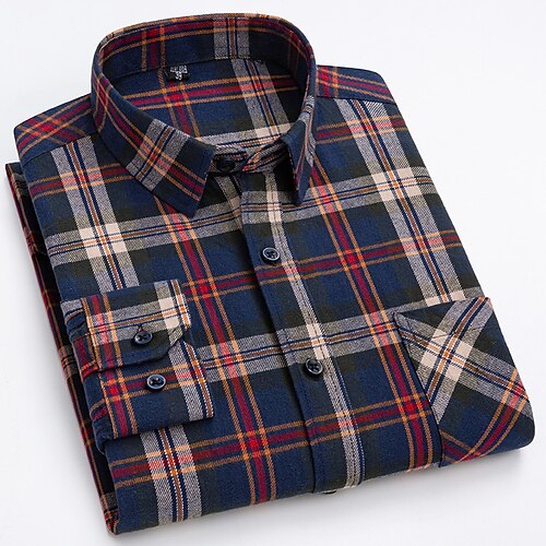 Herren Hemd Kleidhemd Karomuster Büro Karriere Hochzeitsfeier Rote Marineblau Blau Orange Langarm Revers Frühling Herbst Bekleidung Fronttasche Image