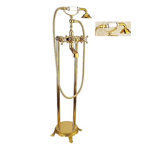 rubinetto vasca a pavimento, forma telefono in ottone stile retrò finitura galvanica ottone due maniglie rubinetto doccia due fori con doccetta e scarico