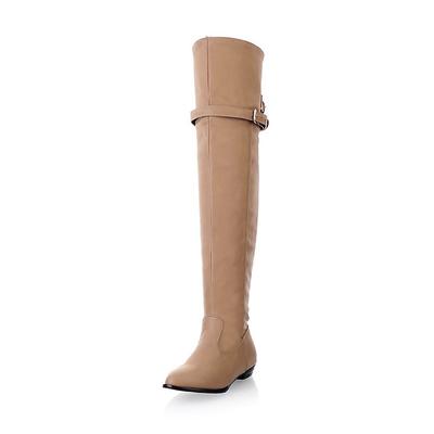 Women's Beige Over-the-Knee Flat Boots with Side Zipper and Buckle Straps, Chic and Casual for Everyday Wear