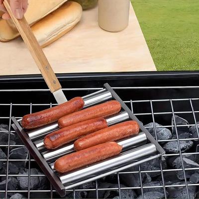 1pc, Stainless Steel Hot Dog Rack, Sausage Roller Rack, Detachable Roasted Sausage Rack, Rolling Outdoor Barbecue Grill With Long Wooden Handle, Barbecue Tools, BBQ Accessories, Grill Accessories