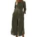 Womens Jumpsuits and Rompers Women Backless Jumpsuit Causal Crew Neck Long Sleeve Solid Color Streetwear Suit Army Green S