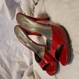 Jessica Simpson Shoes | Peep Toe Slide Sandal Heels, Red Patent Leather | Color: Red | Size: 9.5