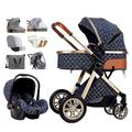 Travel Pram Baby Stroller for Newborn, 3 in 1 Foldable Baby Stroller Carriage Toddler Reversible Bassinet Seat, Infant Stroller Pushchair with Rain Cover Footmuff Mosquito Net (Color : Blue)