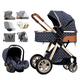 Travel Pram Baby Stroller for Newborn, 3 in 1 Foldable Baby Stroller Carriage Toddler Reversible Bassinet Seat, Infant Stroller Pushchair with Rain Cover Footmuff Mosquito Net (Color : Blue)