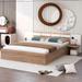 Queen Size Flat Bed Frame with Wooden Headboard and Shelf, Built-in Charging Socket and USB Interface, Natural Style