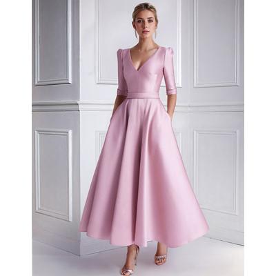 TS A-Line Wedding Guest Dress Cocktail Dresses Beach Wedding Elegant Dress Formal Wedding Guest Tea Length Half Sleeve V Neck Satin with Pocket 2025