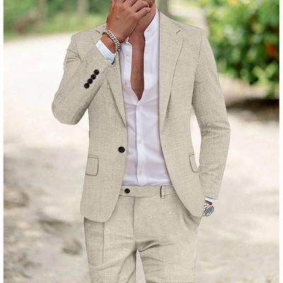 Men's Linen Suits Champagne Beige Solid Colored Tailored Fit 2 Piece Single Breasted One-button