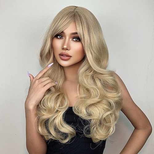 Haircube-Perücken, trendige Ombre-Perücken, grau, weiß, blond, gewellt, lange Perücken mit natürlichen Wellen und Pony für weiße Frauen, Barbiecore-Perücken Image