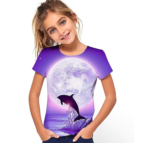 kinderkleidung Mädchen T-Shirt Graphic Outdoor 3D-Druck Kurzarm Rundhalsausschnitt Aktiv 7-13 Jahre Sommer Blau Purpur Image