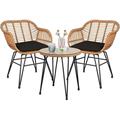 3 Piece Outdoor Wicker Bistro Furniture Set Patio Chairs and Table Set with Cushions Front Porch Furniture Rattan Conversation Set for Poolside Garden Backyard Yellow/Black