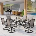 Perfect 7 Pieces Patio Dining Set Rectangular Black Metal Table with 6 Padded Textilene Fabric Swivel Chairs Outdoor Furniture Set with Umbrella Hole for Garden Poolside Backyard Por