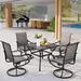 Perfect 5 Pieces Outdoor Dining Set 4 Sling Dining Swivel Chairs and 48 Round Metal Wood Grain Table with 2 Umbrella Hole Furniture Sets for Lawn Backyard Garden