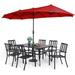 Perfect VILLA 5 Piece Outdoor Dining Set with 10ft Umbrella 37 Square Metal Dining Table & 4 Stacking Metal Chair with 3 Tier Beige Umbrella for Patio Deck Yard Porch