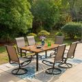 Perfect 7 Pieces Patio Dining Sets Outdoor Furniture Set Including 1x 64 Rectangle Wood-Like Table Table and 6 Padded Sling Swivel Chairs Metal Dining Set for Backyard Garden Deck