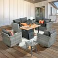 HOOOWOOO Patio Conversation Set Wicker Rattan Patio Furniture Set with Swivel Rocking Chair and Firepit Black