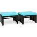 2 Piece Patio Wicker Ottomans Outdoor Foot Rest with Cushions PE Rattan Footstool for Patio Garden Poolside Turquoise