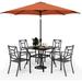 VILLA 7 Piece Outdoor Dining Set with Umbrella for 6 60\u201D Rectangular Metal Dining Table & 6 Stackable Metal Chairs & 13ft Large Beige Umbrella for Outdoor Deck Yard Porch