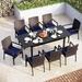 & William Outdoor Patio 7 Pieces Dining Set with 6 PE Rattan Chairs and 1 Rectangle Expandable Metal Table Modern Outdoor Furniture with Seat Cushions for Poolside Porch Patio Bal