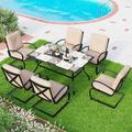 Perfect Patio Dining Set for 4 Outdoor Furniture Square Bistro Table Wooden Top with 1.57 Umbrella Hole 4 Spring Motion Chairs with Cushion for Backyard Garden Lawn