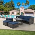 5 Piece Patio Furniture Set PE Rattan Wicker Sectional Sofa Set with Lift TOP Coffee Table Outdoor Conversation Set with Lounge Sofa and 3 Ottmans Patio Sofa Set for Deck Garden Pool Dark Blue