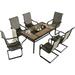 Perfect 7 Pieces Patio Dining Furniture Set Outdoor High Back C Spring Motion Sling Chairs with Cotton-Padded Set of 6 Outdoor Rectangular Steel Dining Table with Umbrella Table