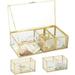 Golden Vintage Glass Display Box Mirrored Keepsake Box with 2 Detachable Jewelry Organizers Lidded Rectangle Makeup Storage Container