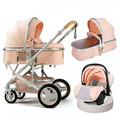 Baby Stroller Carriage for Newborn, 3 in 1 High View Baby Stroller for Baby Girl & Boy, Baby Pram Pushchair Toddler & Infant Reversible Bassinet with Mosquito Net, Foot Cover (Color : Pink)