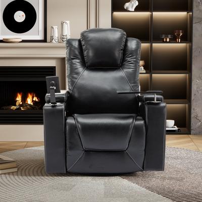 270 Degree Swivel PU Leather Power Recliner Home Theater Recliner with Surround Sound, Cup Holder, Removable Tray Table