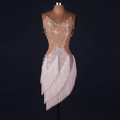Dance Salsa Latin Dance Dress Fringed Tassel Crystals / Rhinestones Women's Performance Sleeveless Natural Spandex