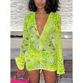 Women's Summer Dress Print Dress Abstract Print Drawstring V Neck Flared Sleeve Mini Dress Elegant Sexy Daily Holiday Long Sleeve Slim Yellow Purple Green Summer S M L