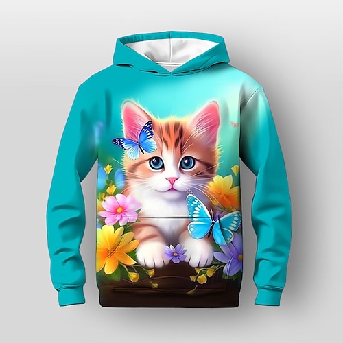 Mädchen 3D Blumen Karikatur Katze Kapuzenshirt Langarm 3D-Druck Herbst Winter Aktiv Modisch Kuschelig kinderkleidung 3-12 Jahre Outdoor Casual Täglich Regular Fit Image