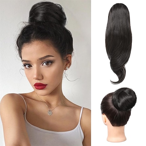 Unordentlicher Haarknoten, Clip-in-Haarknoten, künstlicher Haarknoten, Pferdeschwanz-Verlängerung, 30,5 cm, synthetischer Chignon-Hochsteckfrisur-Haarteil für Frauen, Schwarz Image