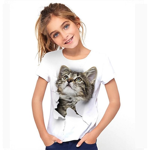 Mädchen 3D Graphic Tier Katze T-Shirt Kurzarm 3D-Druck Aktiv Kuschelig kinderkleidung 3-12 Jahre Image