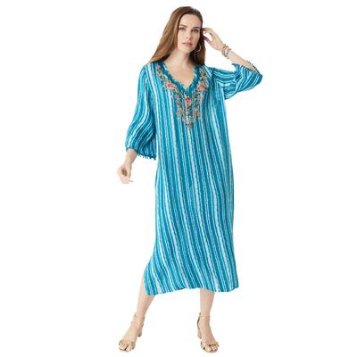 Plus Size Women's Embellished Crinkle Kaftan by Roaman's in Teal Embellished Stripe (Size 38/40)