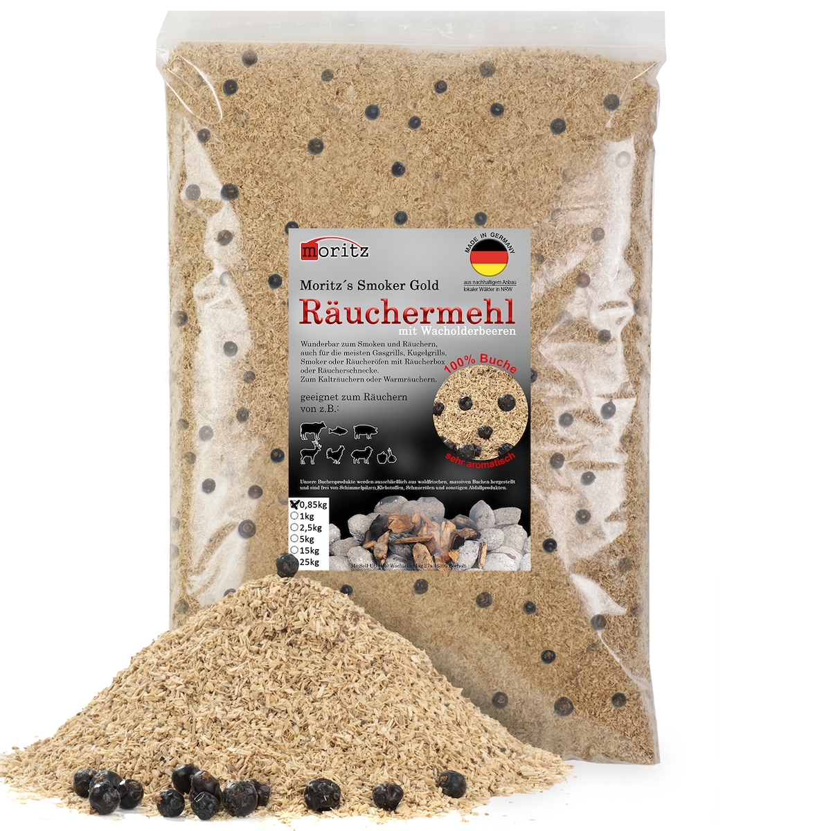 Moritz 0,85kg Räuchermehl Buche mit Wacholder fein 0,5 -1 mm Räuchern I Kalträuchern von Fisch Fleisch Wurst Käse auch für BBQ I Grill - Räucherspäne Image