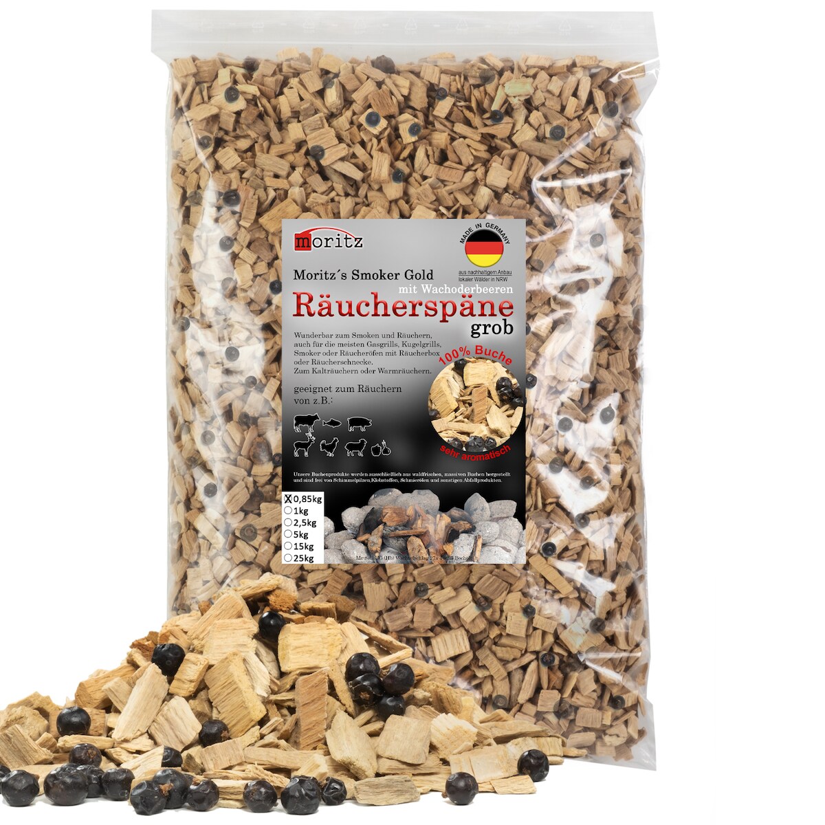 Moritz 0,85kg Räucherspäne Buche mit Wacholder grob 6 -12 mm Räuchern I Kalträuchern von Fisch Fleisch Wurst Käse auch für BBQ I Grill - Räuchermehl Image